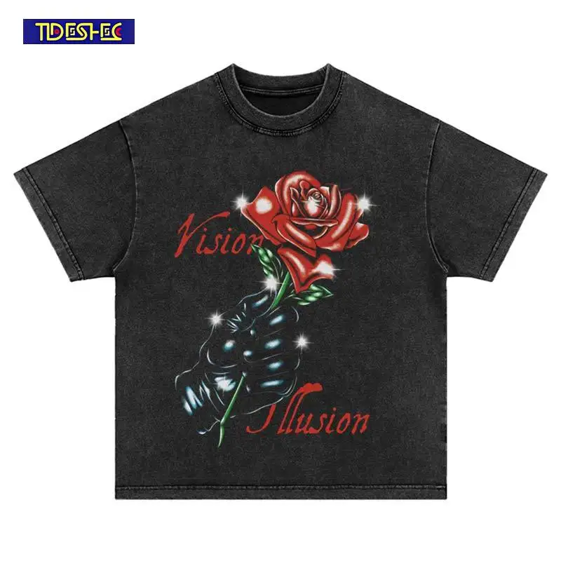 

Модная футболка в стиле хип-хоп с принтом красной розы 2025 Harajuku, летняя уличная одежда в стиле панк, винтажная стираная хлопковая футболка большого размера для отдыха, топы