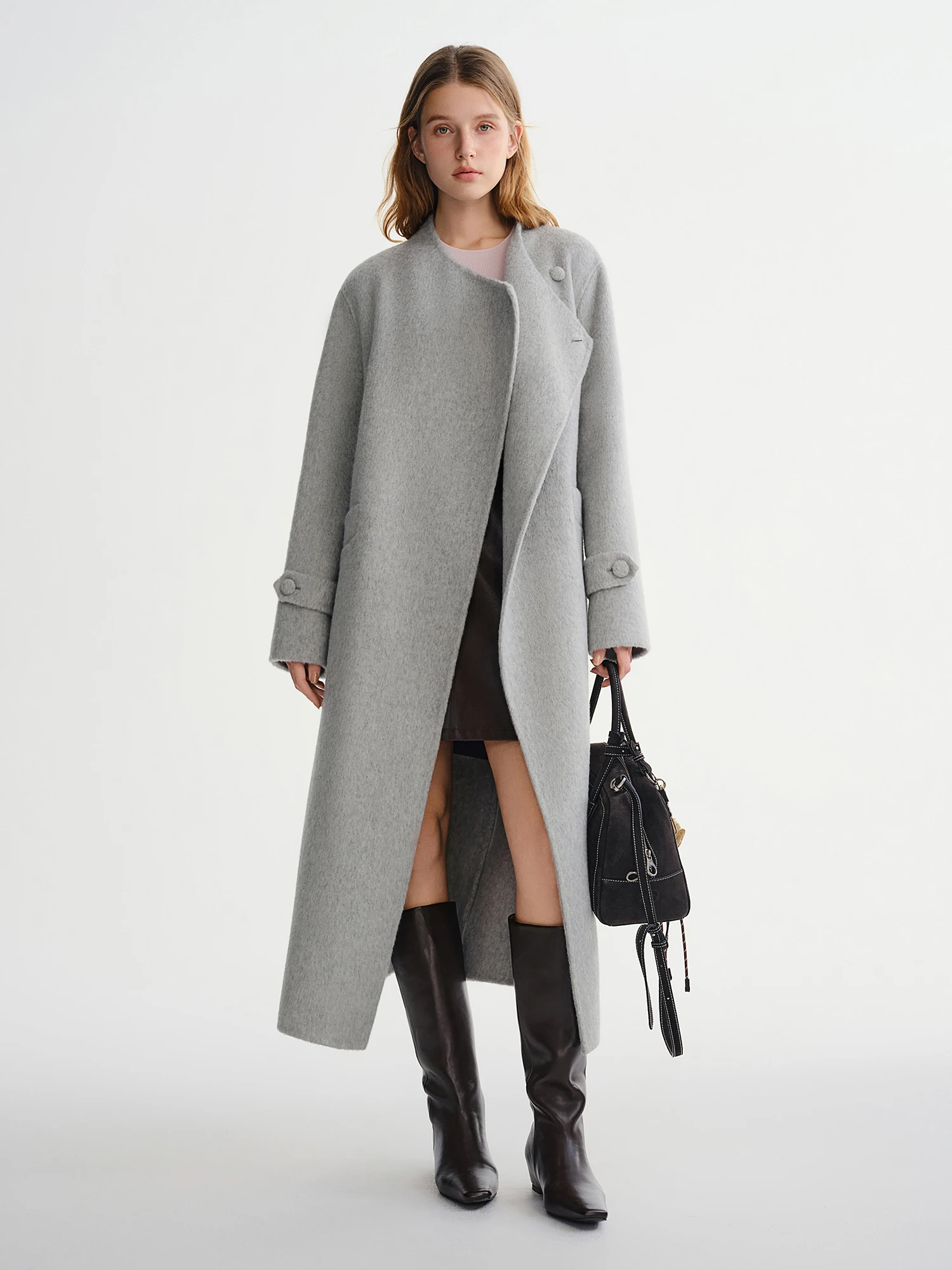 DUSHU Winter 2025 Women's One Button Wool Blend Coat - Minimalist Korean Inspired Double Faced Texture for Casual Elegance