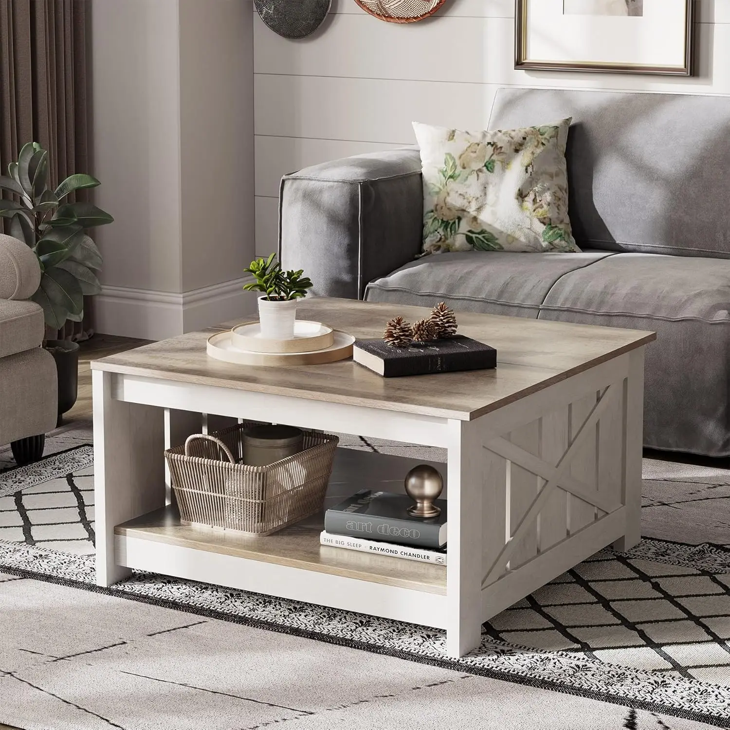 Farmhouse Coffee Table Rustic Wood Cocktail Table,Square Coffee Table W/ Half Open Storage Compartment,Grey Wash