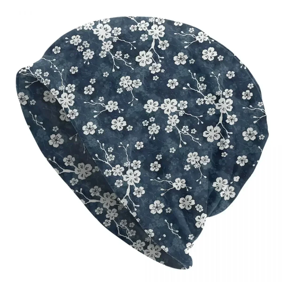 Navy And White Cherry Blossom Pattern Warm Knitted Cap Fashion Bonnet Hat Autumn Winter Outdoor Beanies Hats for Men Women Adult