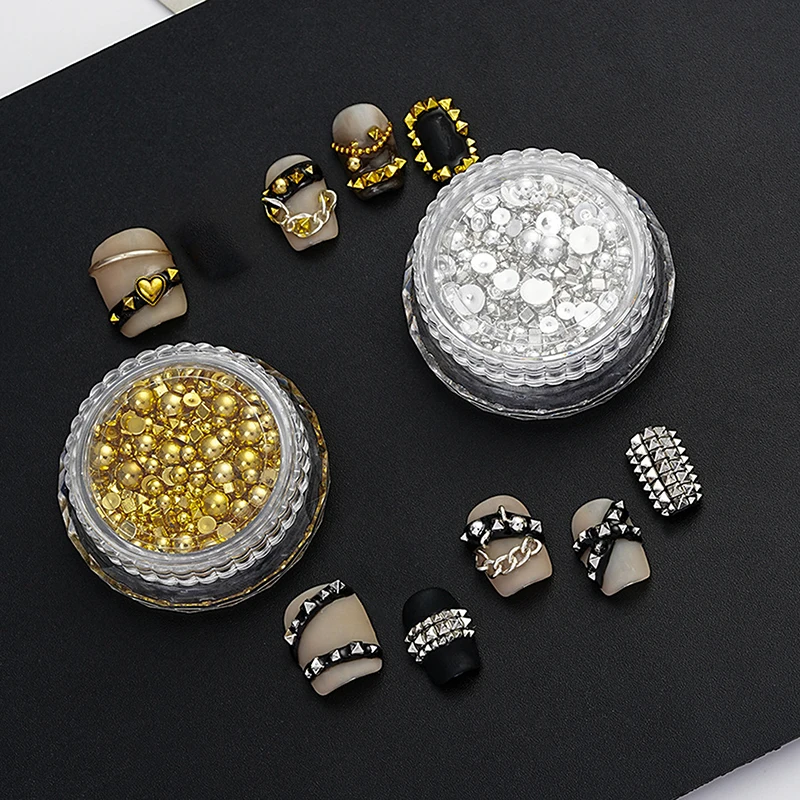 1 butelka metalowych nitów do paznokci Punk Gold Silver Flat Bottom Nail Art Decorations 3D Metal Bead lub Nail Designs Manicure Charm