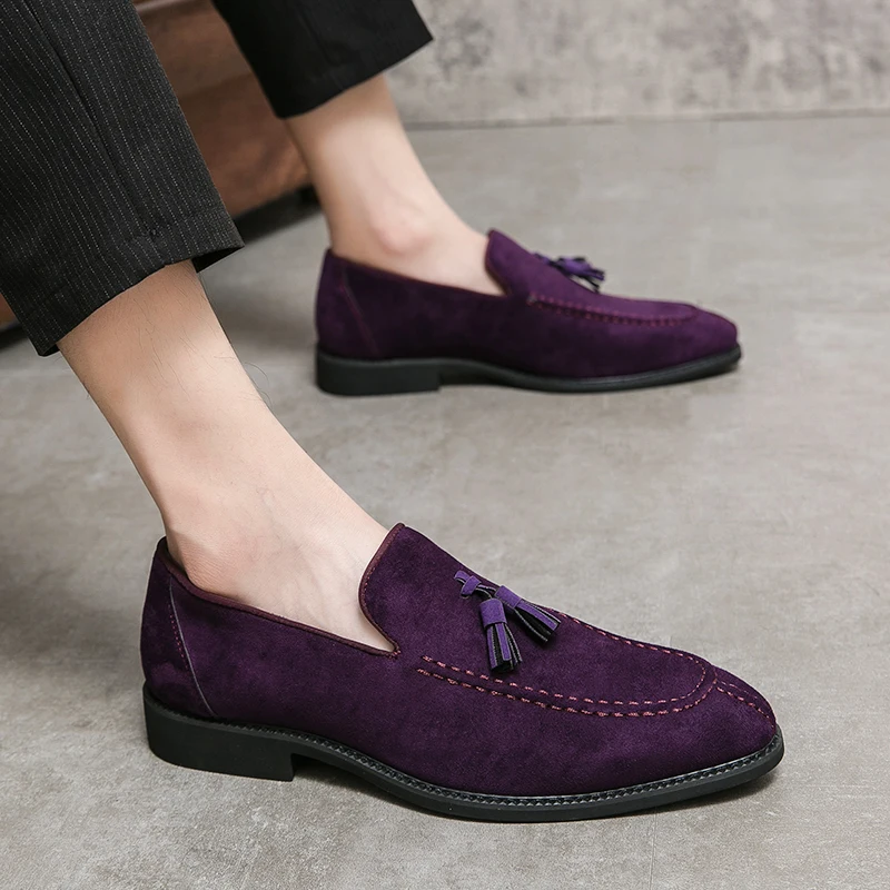 Marka projektant męskie zamszowe buty skórzane Vintage fioletowe mokasyny z frędzlami męskie mokasyny Casual mieszkania Slip-On męskie buty towarzyskie — zdjęcie 3