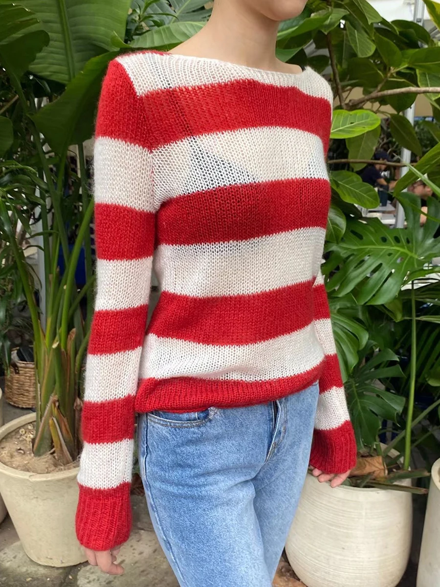 Striped Knitted Thin Long Sleeve T-Shirt Woman Scoop Neck Smock Autum Clothes Sweet Sweetwear Fashion Tee Tops Y2k T-shirts 2024