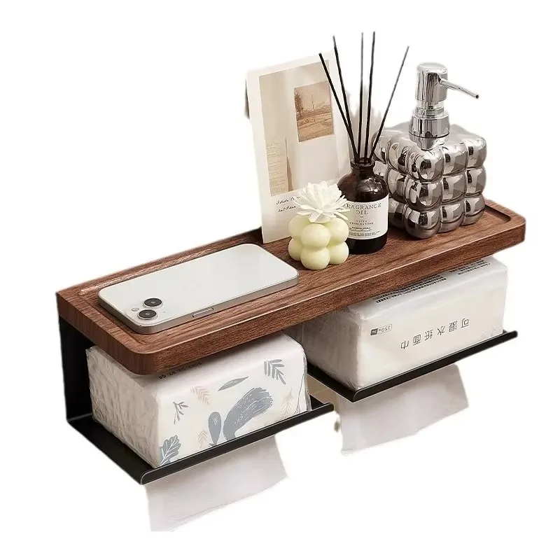 Solid Walnut Wood Bathroom Tissue Box, Wall Mount Roll Dispenser with Storage Shelf, No Drill Adhesive & Screw Dual Mount