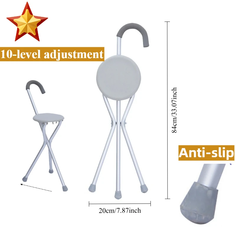 

Tripod Cane Stool for Elderly Foldable Leisure Walking Aid with Seat Anti-Slip Portable