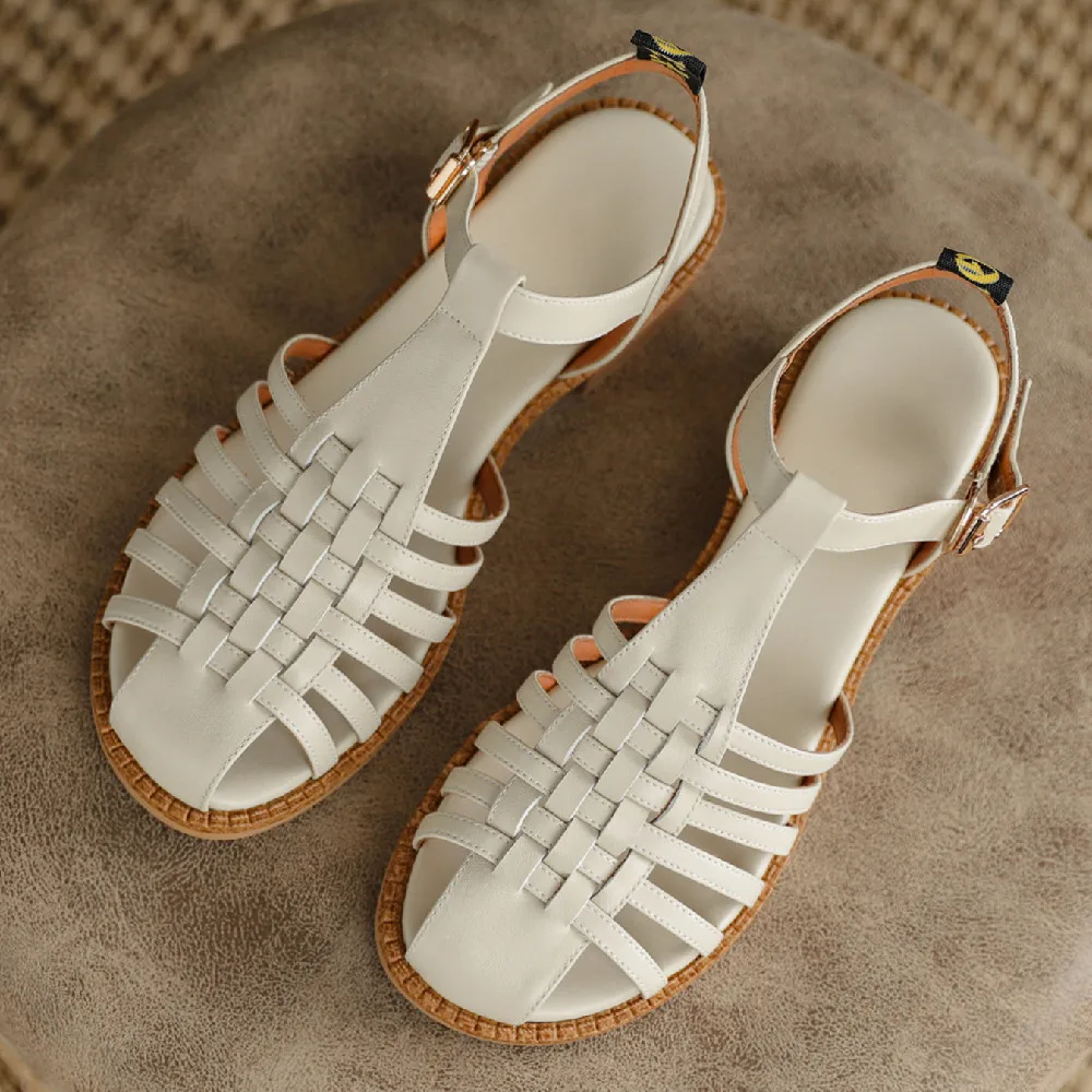 Women\'s Roma style narrow band braided t-strap sandals cow leather round toe hollow-out breathable summer flats shoes for women