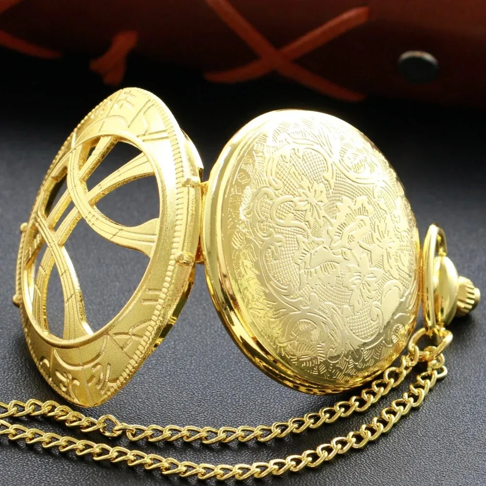 Reloj de bolsillo hueco dorado, collar de Esmeralda, cadena Fob, reloj Steampunk, reloj de bolsillo Vintage de cuarzo, regalo para hombres y mujeres