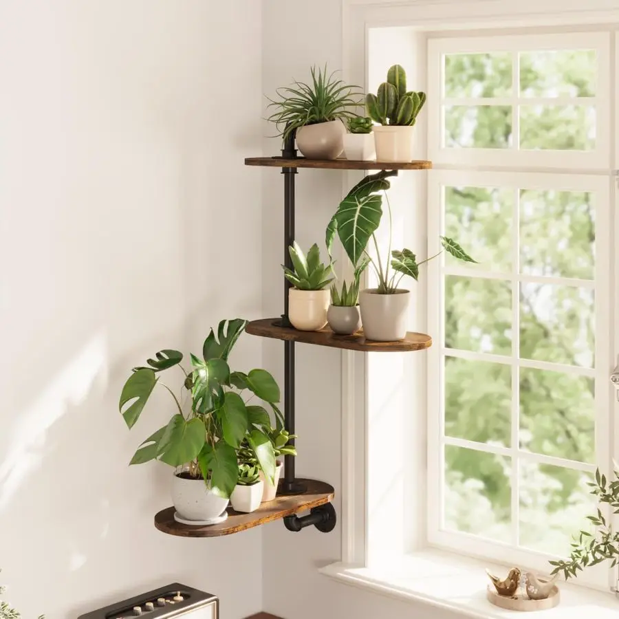 

Вращающаяся 3-ярусная подставка для растений в индустриальном стиле, настенная деревянная полка для оконных и комнатных растений, декоративная, усиленная, для освещения растений E