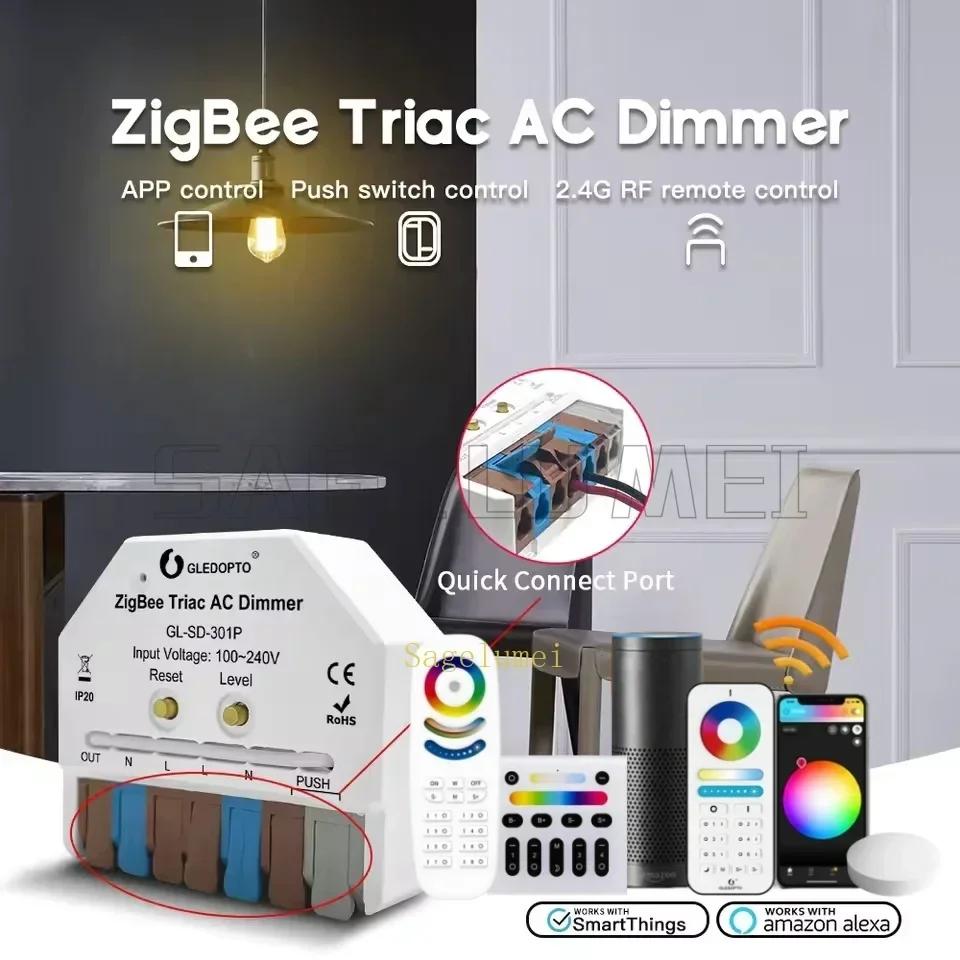 Triac AC Dimmer GL-SD-301P GLEDOPTO ZigBee3.0 Ultra Mini LED Dimmable Push Switch App Voice Control Hu/e Tuya Alexa SmartThings