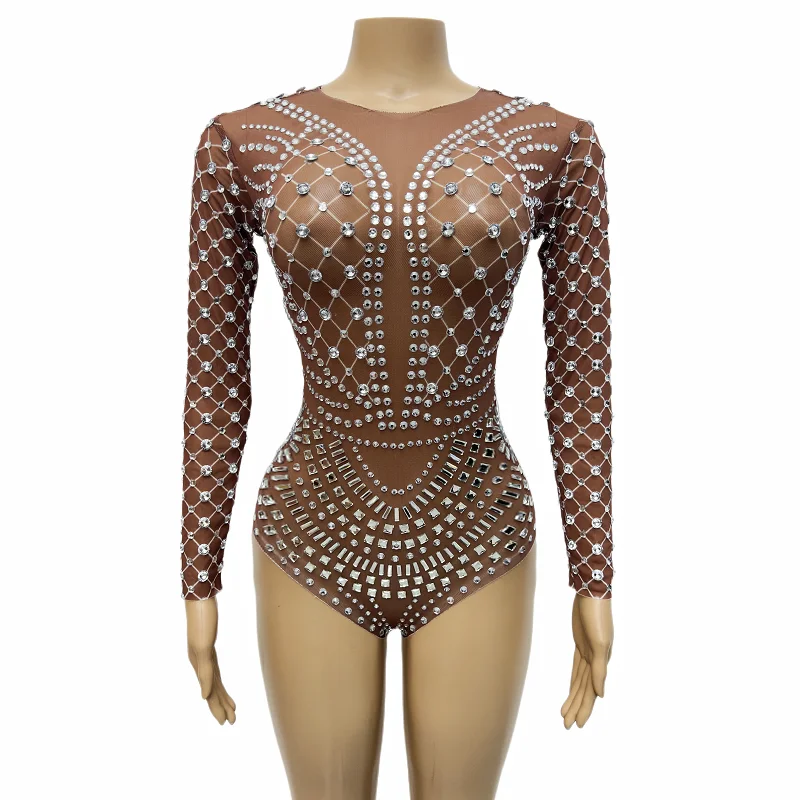 Sexy Brown Rhinestones Leotard Dance See Through Bodysuit  Outfit Prom Show Costume Female Evening Birthday Collection wangxiong