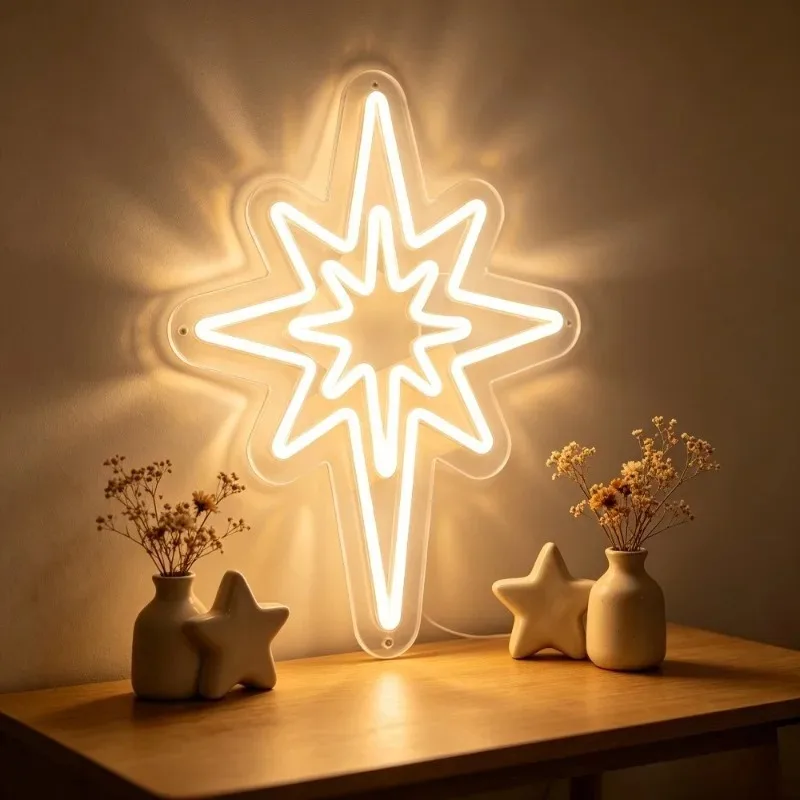 

Warm White Starburst LED Neon Sign, USB Powered Star Shaped Wall Light, Elegant Decor Lamp for Bedroom, Party and Home Decoratio