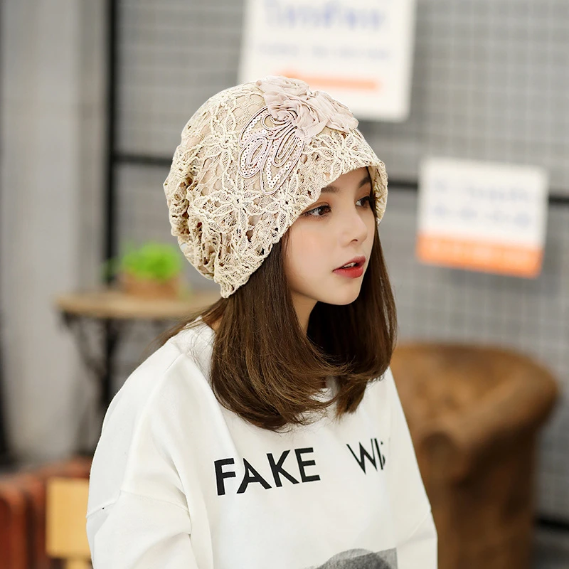 

Ladies Lace Flower Slouchy Beanie Cap Head Wrap Hollow Out Crochet Sweet Hat Spring Autumn Knitted Skullcap