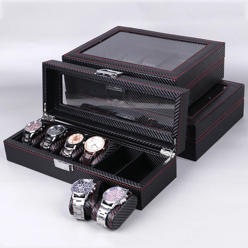 DELESYS 3/5/6/10/12 Slots Scratch-Proof  Carbon Fiber Leather Watch Box Carbonaceous Color Watch Storage Case With Clear Glass