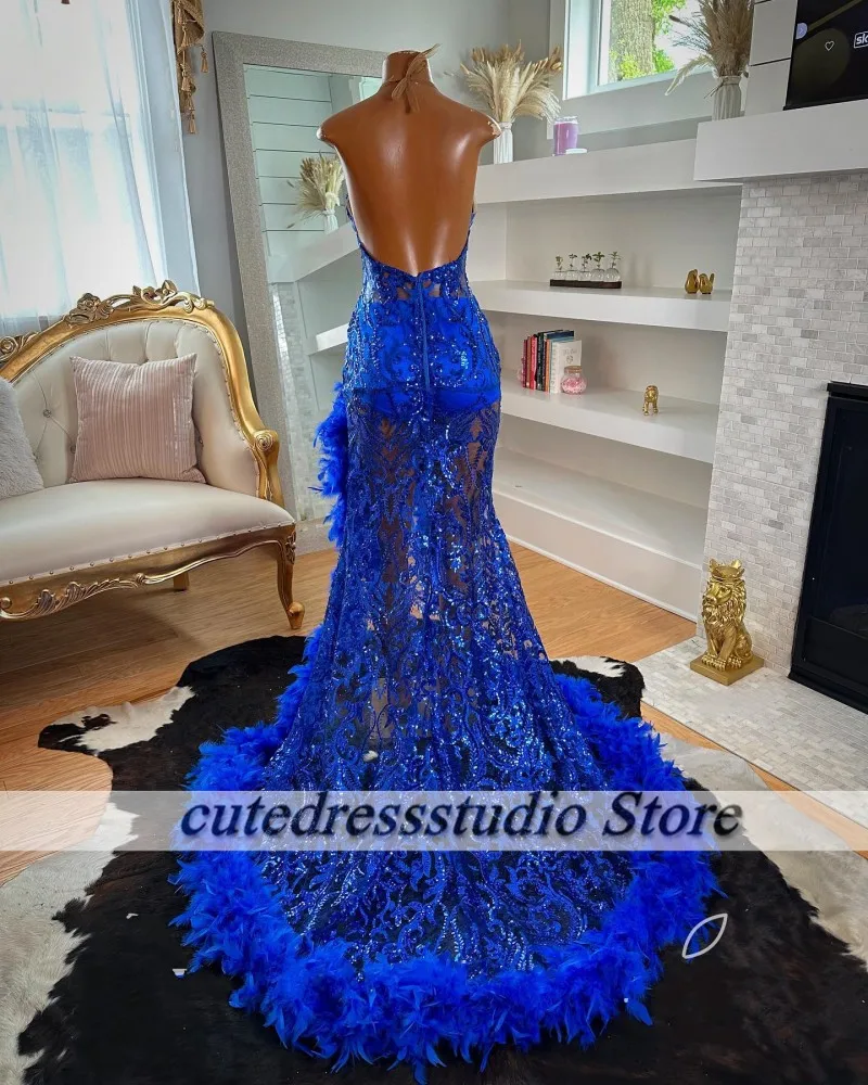 Luxury Crystal Royal Blue Prom Dresses Black Girl 2025 Party Gown Sequin Split Evening Dress vestidos de graduación Customized image 2