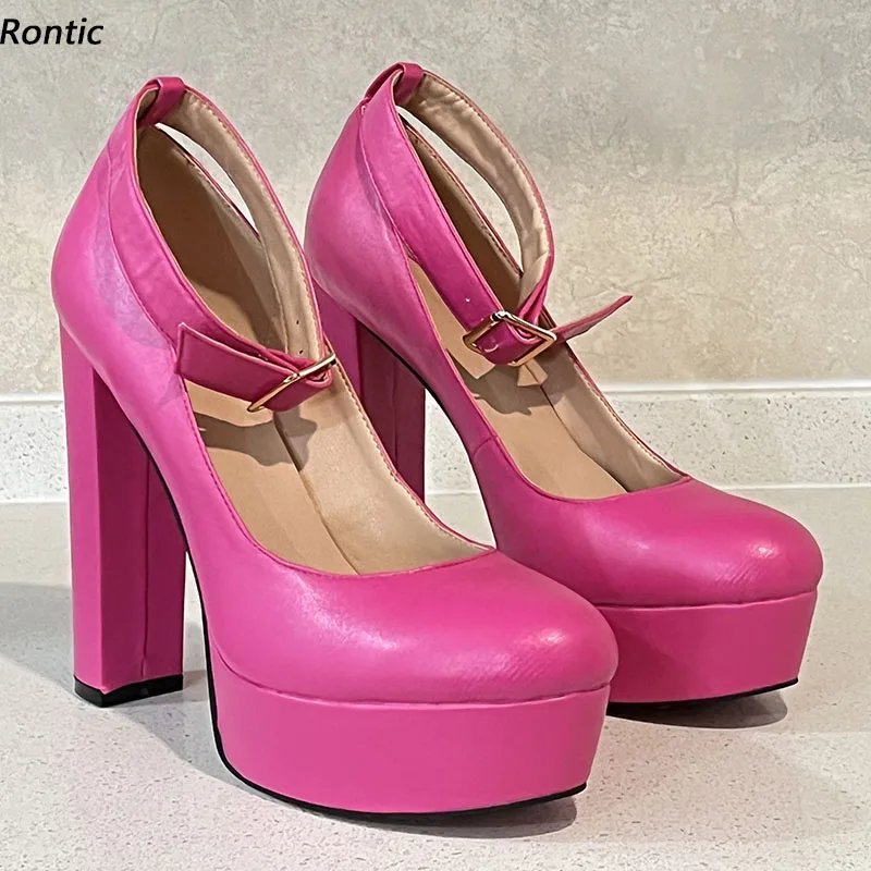 Rontic Handmade Women Spring Pumps Platform Chunky High Heels Round Toe Pretty Fuchsia Party Shoes US Plus Size 5-20