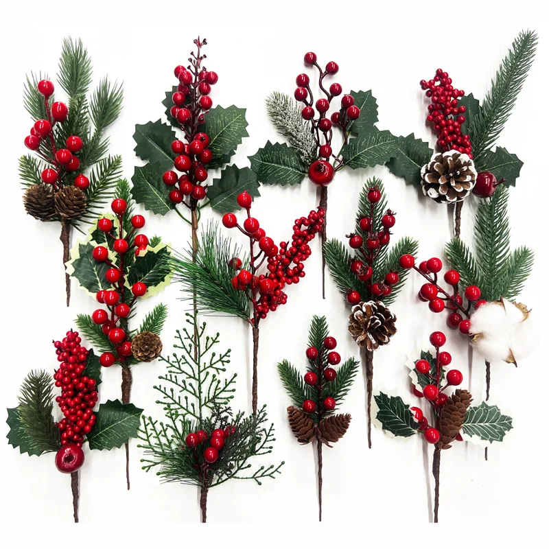 

2025 artificial cranberry pine cone Christmas flower picking holly branches Christmas spray snow holiday decoration