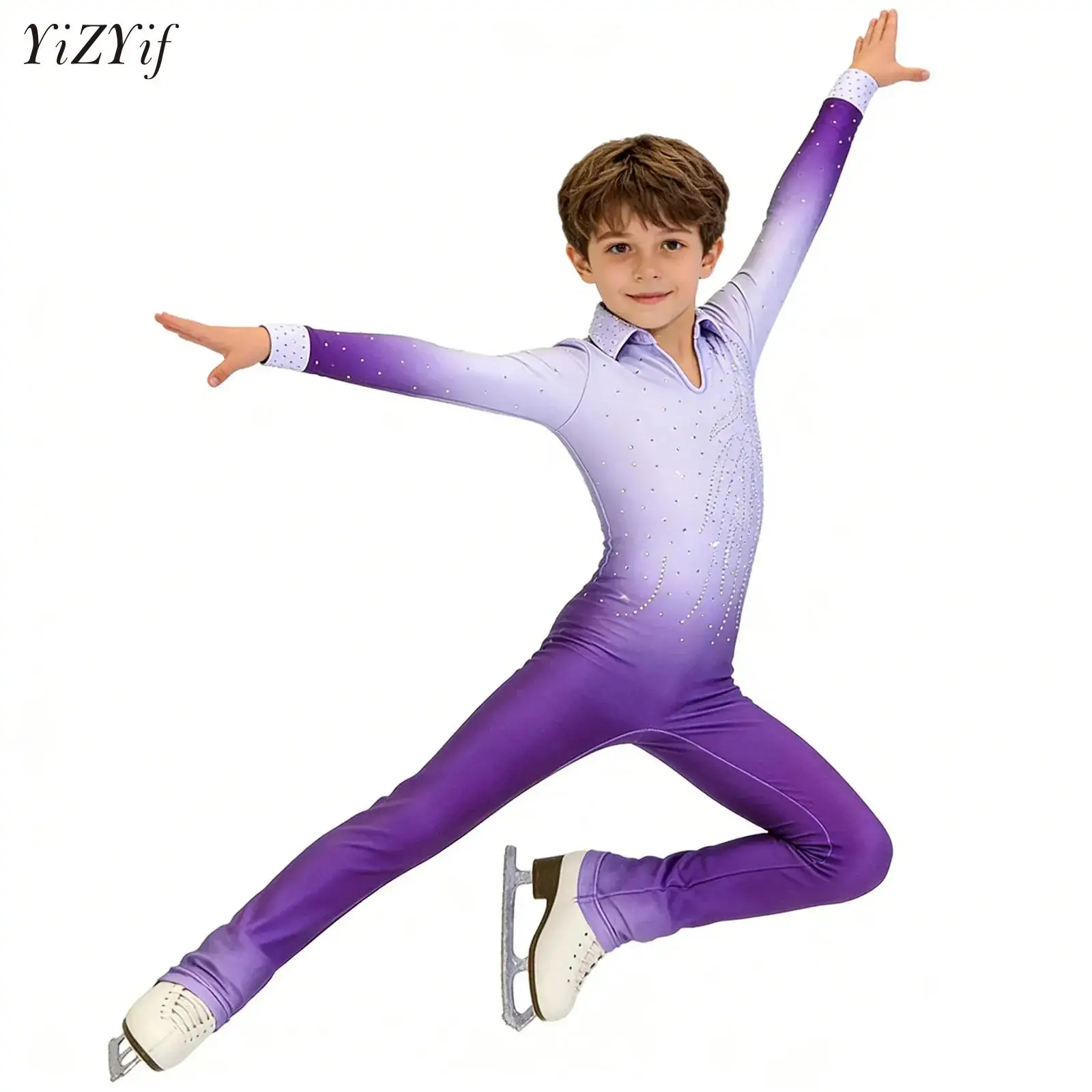 

Kids Boys Acrobatics Figure Skating Rhythmic Gymnastics Performance Leotards Tights Shiny Rhinestones Workout Jumpsuit Costume