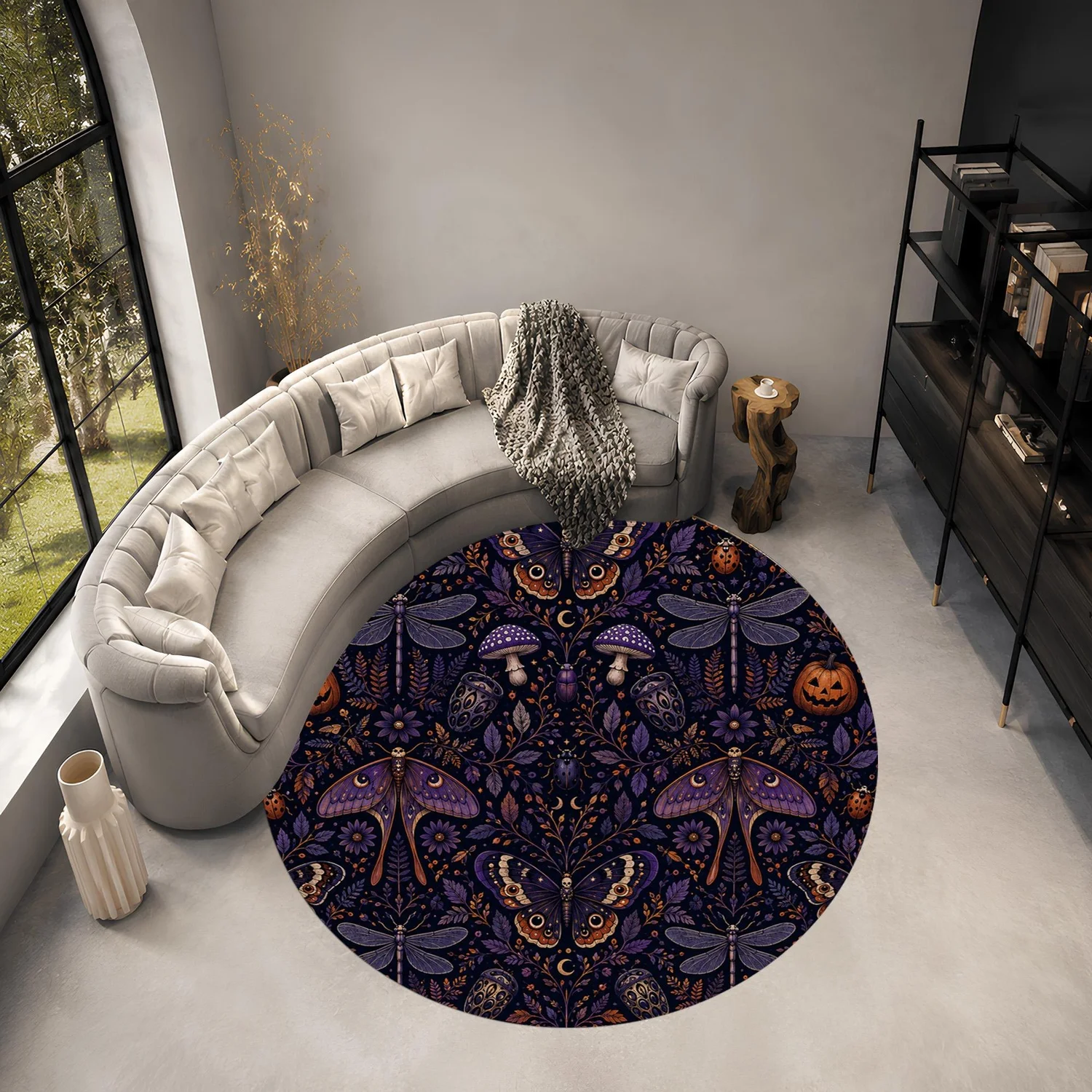 Gothic-Style Halloween Round Rug Featuring Moths, Dragonflies, Mushrooms, Pumpkins, and Celestial Plant and Insect Patterns