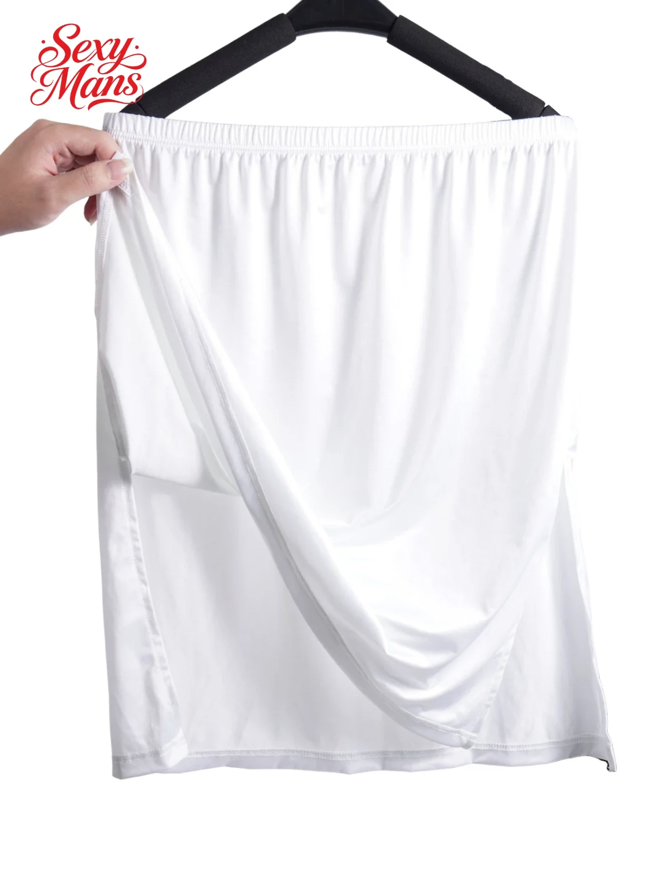 Men Loose Shiny Faux Leather Skirt, Metallic Glitter Elastic Waist Side Slit High Stretch Casual Home Male Skirt AD419