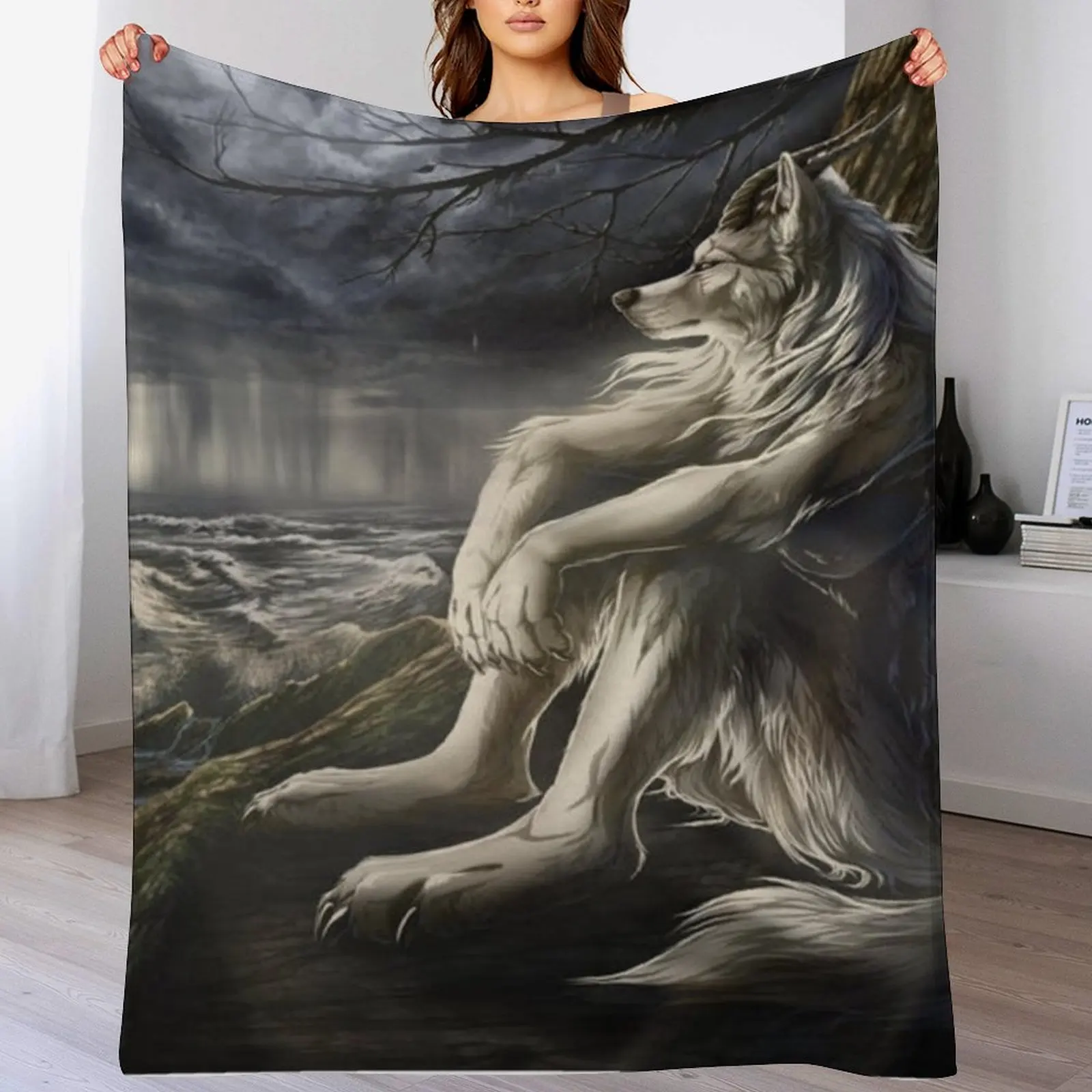 

emo white wolf sitting sad meme Throw Blanket Cozy Sofa Blanket for TV Watching Napping