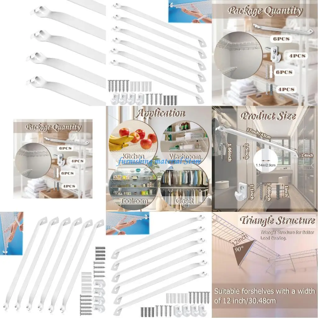 

Y5GD Closet Shelf Brackets Set Including 4 Clip 43cm Pack of 6 for Not Sags Designs