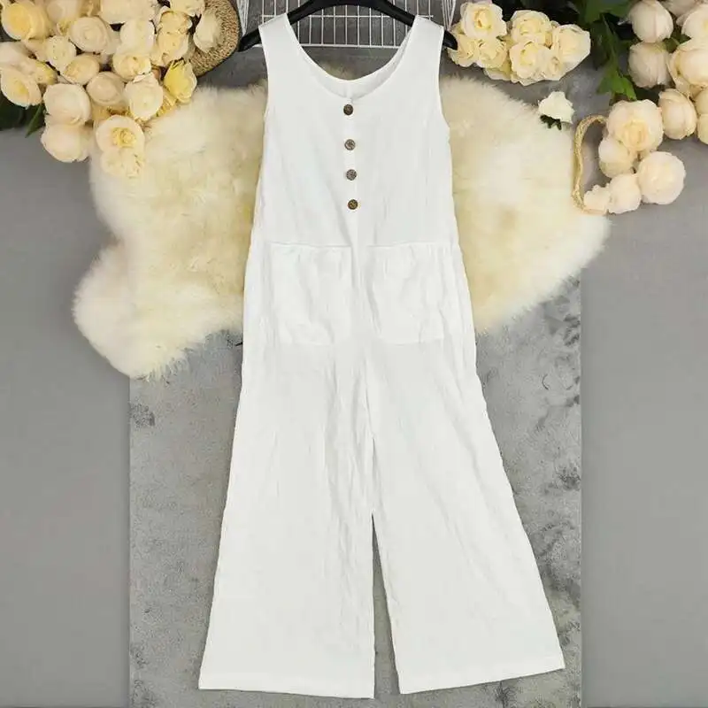 

Повседневный комбинезон с карманами и широкими штанинами, новинка 2025 года, женский свободный комбинезон с круглым вырезом и пуговицами, летний однотонный комбинезон без рукавов с подтяжками