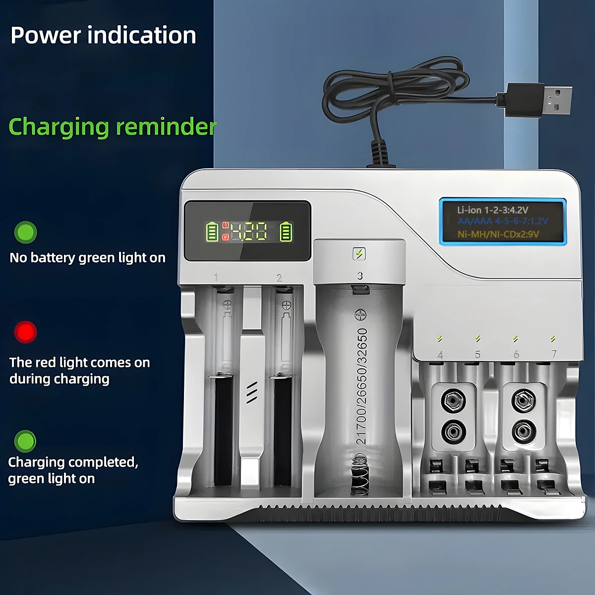 18650 Battery Charger with LCD Display 7 Slots for AA AAA Batttery 18650 26650 16340 Lithium Battery (Battery not included)