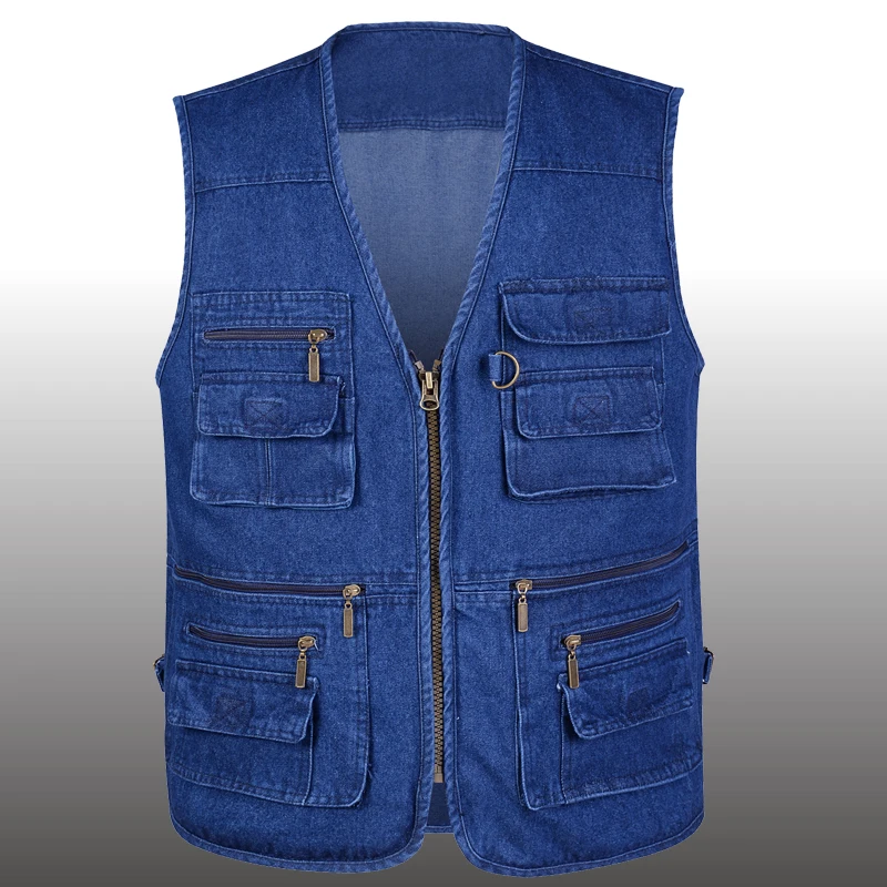 Multi Pocket Cotton Denim Vest Men Casual With16 Pockets Sleeveless Jackets Male Outdoor Photograph Waistcoat Plus Size 5XL