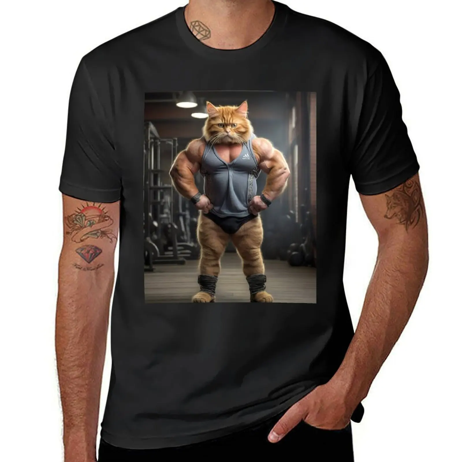 Purrsonal Trainer: Muscular Ginger Cat Flexing in Gym T-Shirt summer top boys whites tees quick-drying mens tall t shirts