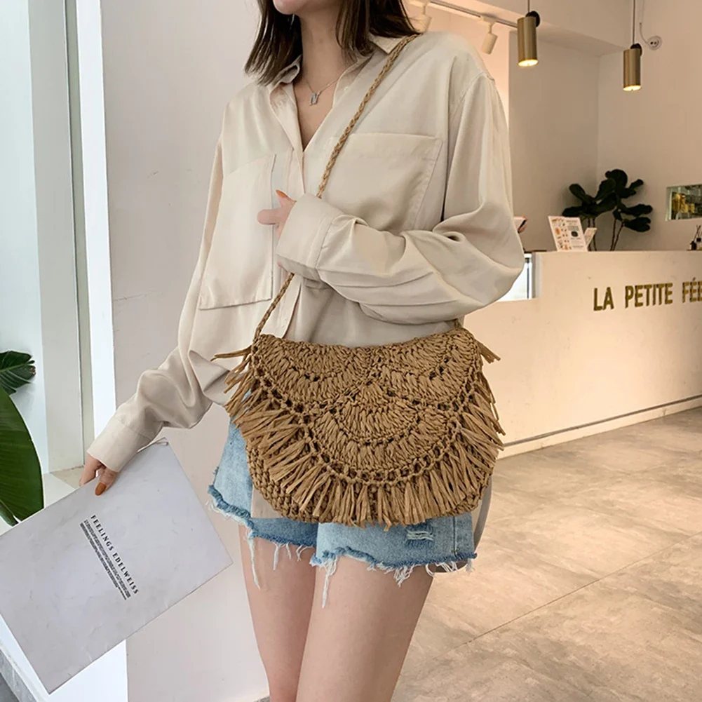 

Fashion Large Capacity Crossbody Handbags Women Summer Casual Beach Tassels Straw Rattan Weave Shoulder Messenger Bags Ladies