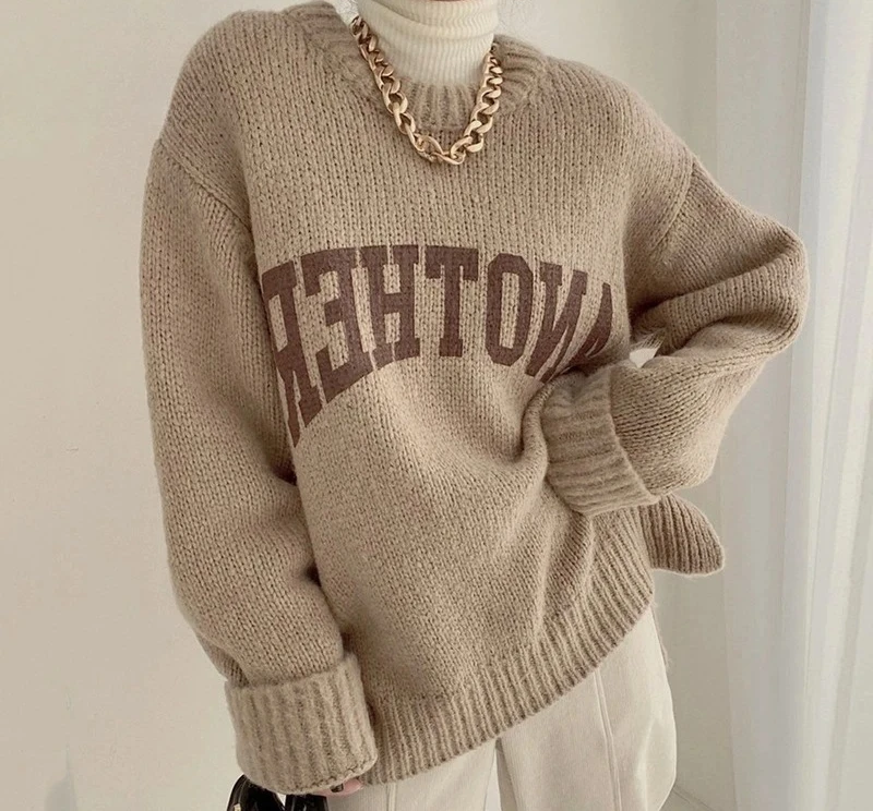 Korean Fashion Autumn and Winter Candy Color Sweater Pullovers for Women Loose  Sweater Letter Knitted Pullovers
