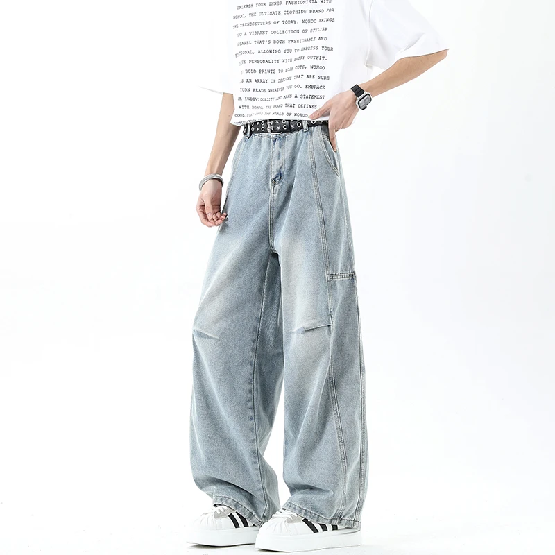 

Men's Jeans Solid Color Pleated Design Casual Menswear Korean Style Straight Leg Cleanfit Male Denim Pants Simple Jeans Men