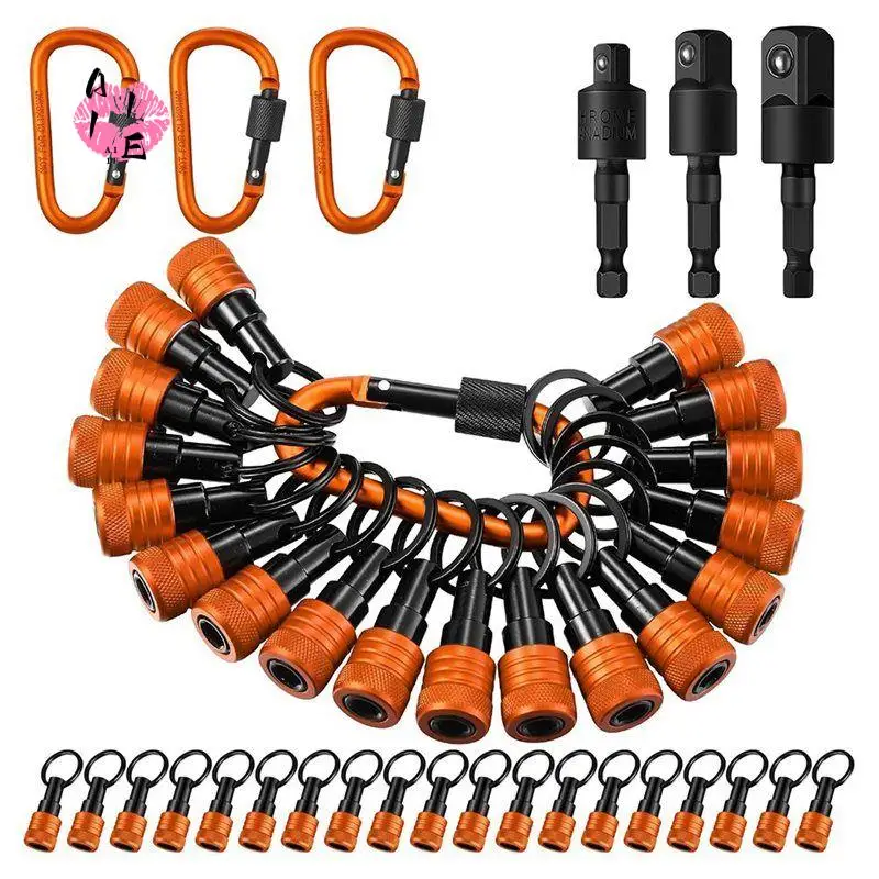 A11E-18Pcs Bit Holder Keychains,1/4 3/8 1/2In Socket Drill Nut Bit Holders Portable Hex Shank Screwdrivers Adapters And Lock