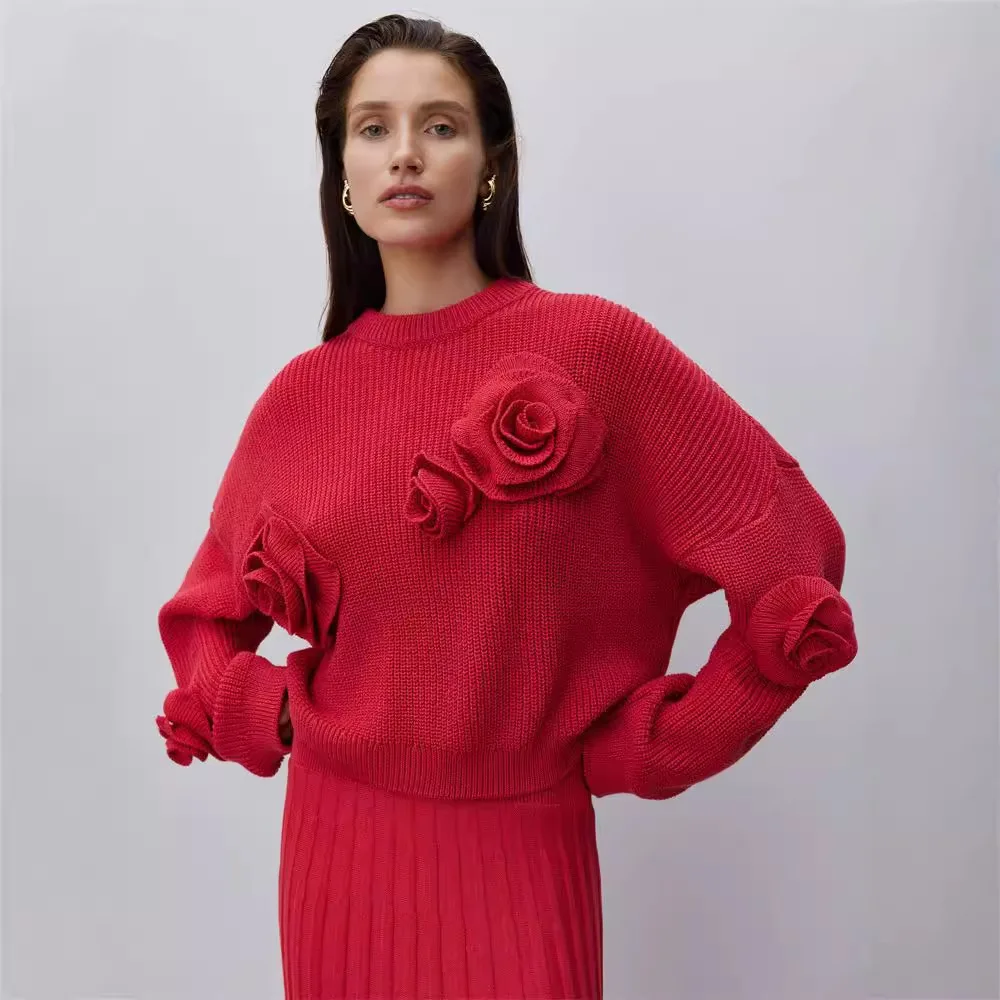 Three Dimensional Rose Solid Color Loose Long Sleeved Knitted Sweater