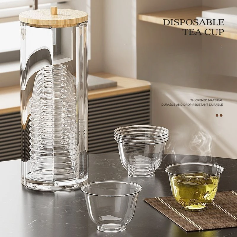 Disposable Tea Cup Storage Box, Household Transparent Cup Wooden Cover Storage Box, Tea Water Cup Storage Rack With Clip