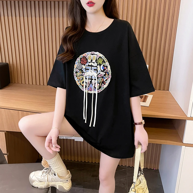 

Medium Length Chinese Style Embroidery Short Sleeve T-shirt Women 3D Design Women T Shirt 2024 New Fashion Y2k Top