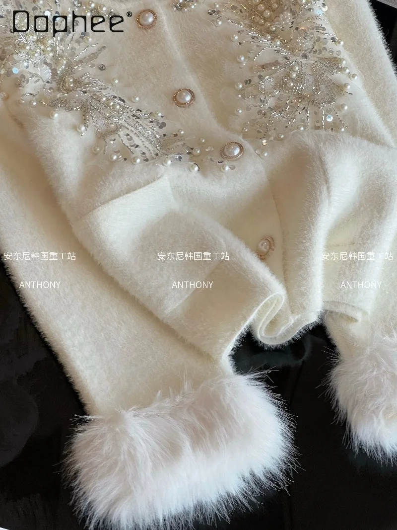 Kardigan Pendek Mewah Prancis Berpayet, Bordir Berat, Berhiaskan Batu Rhinestone, Lengan Panjang, Elegan, untuk Wanita Sosialita, Warna Putih