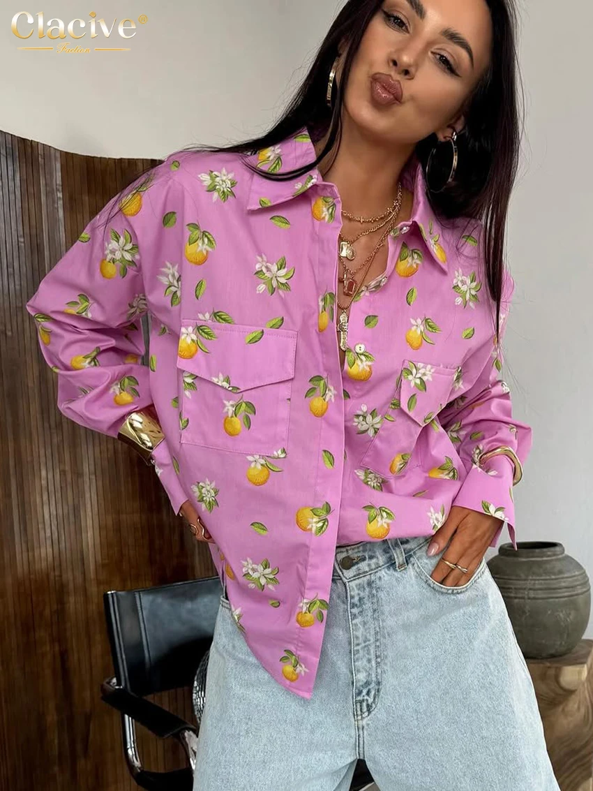 Clacive Fashion Loose Print Women's Shirt 2025 Casual Lapel Long Sleeve Shirts Elegant Classic Pockets Top Female Clothing