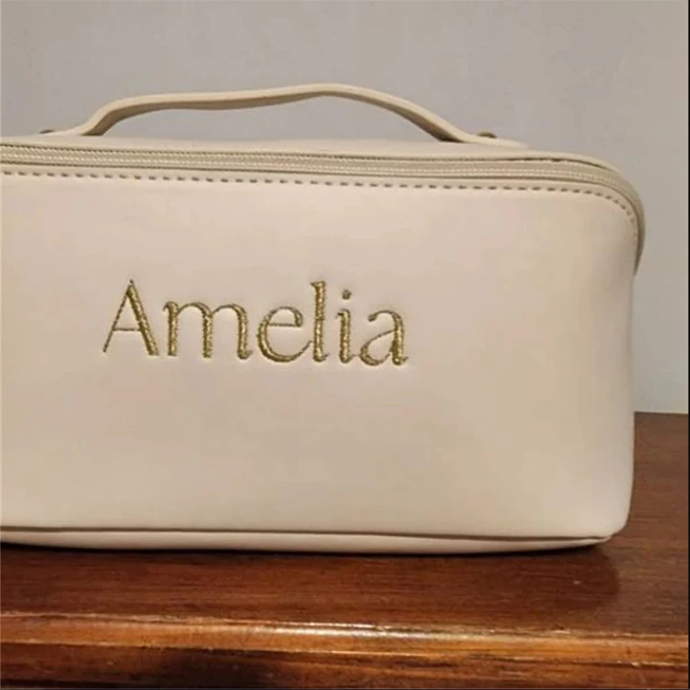 Bolsa de maquiagem pu feminina personalizada, nome personalizado, presente de natal, dama de honra, organizador de couro, bolsa de armazenamento de viagem cosmética