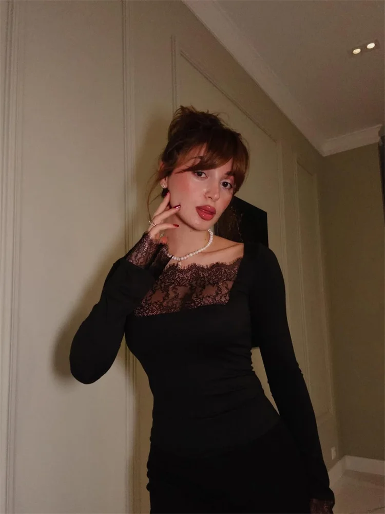 Tossy Zwart Kant Sexy Mini Jurk Vrouwen Doorzichtige Lange Mouw Patchwork Slanke Pendelen Feestjurk Vrouwelijke Zomer Bodycon Jurk