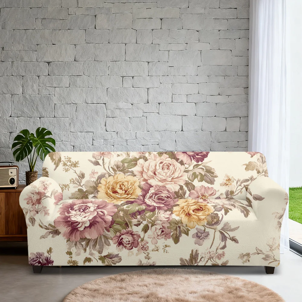 1pc Vintage Watercolor Peony Rose Print Stretch Sofa Cover, Shabby Chic Floral Couch Slipcover for Cottage Home Decor