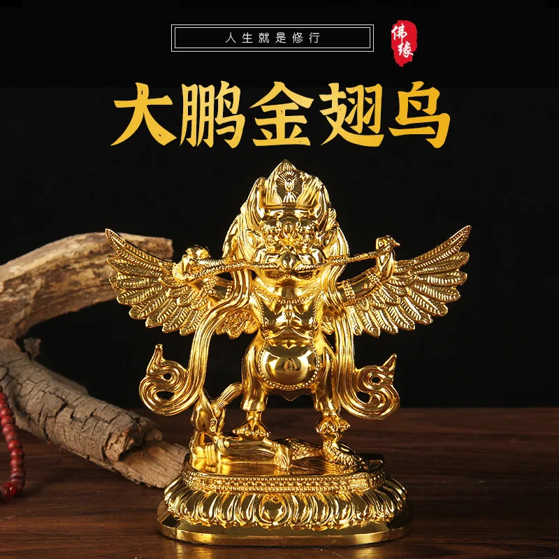 Large, all-metal, gold-plated golden-winged phoenix statue, a mythical bird with outstretched wings, a decorative piece