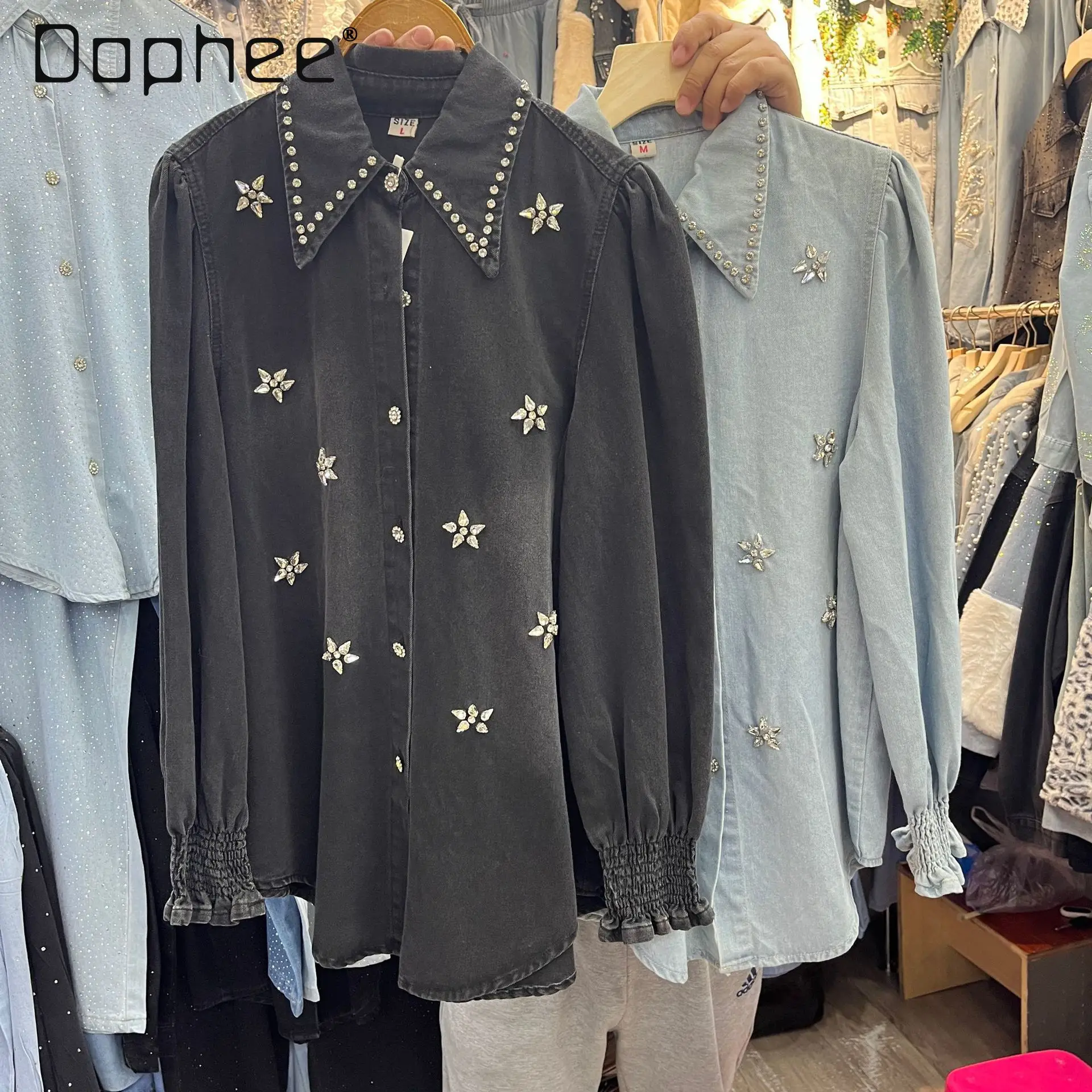 

European Station New Street Personality Vintage Distressed Denim Shirt Women Beaded Turn-down Collar Loose Long Sleeve Shirt