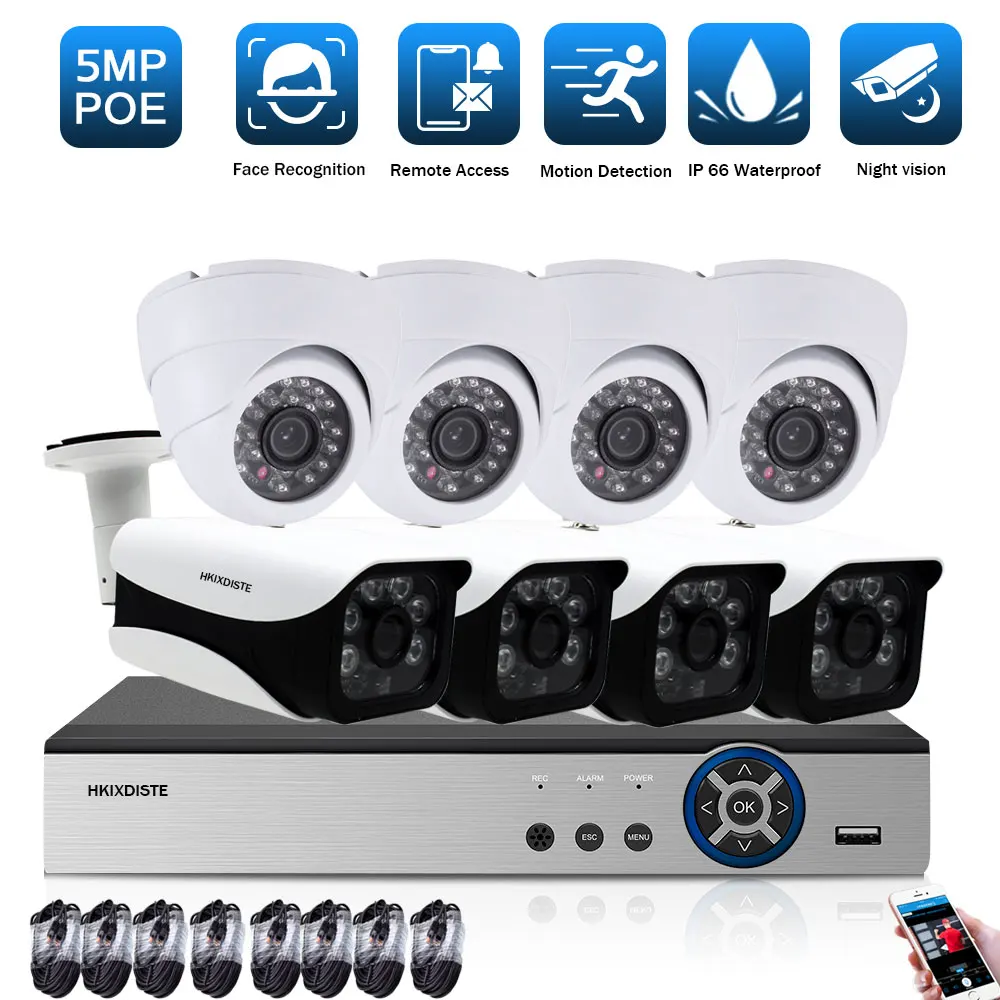 Face Detection 8CH 4K POE NVR System Outdoor CCTV Camera Security System Kit 5MP Audio Bullet IP Video Surveillance Camera Kit