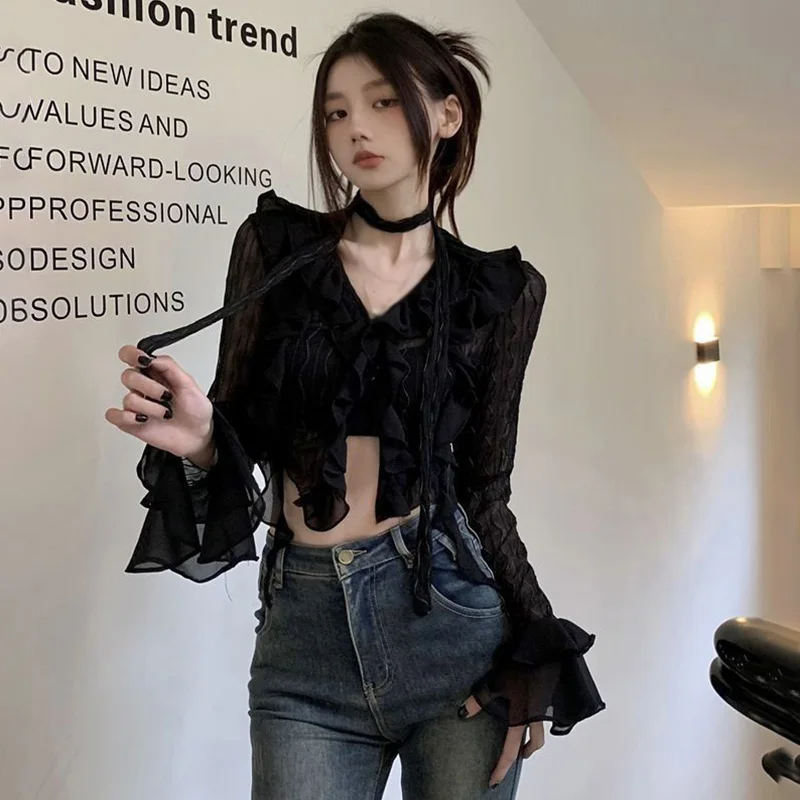 Chemisiers en dentelle pour femmes, haut court Y2K, chemises grunge gothiques sexy, cardigan transparent noir élégant, streetwear coréen