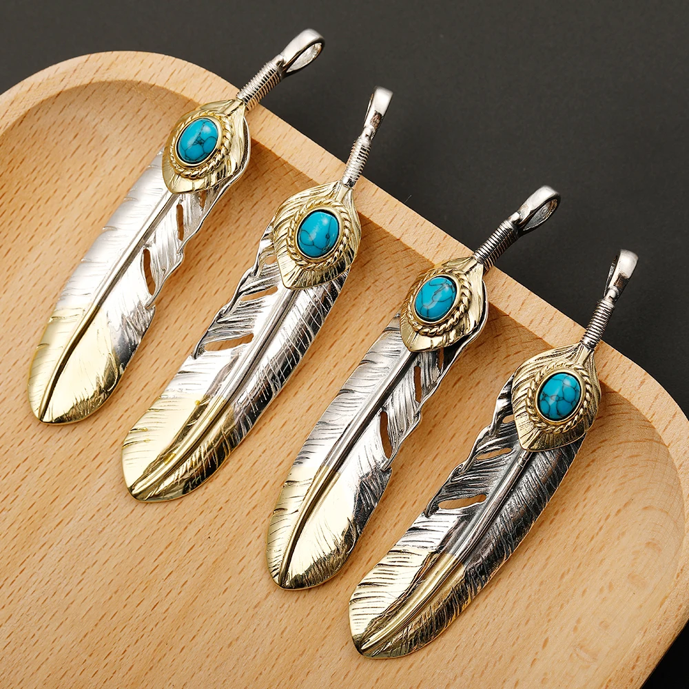 Pure 925 Sterling Thai Silver Feather Pendant Turquoise Charms Japanese Retro Jewelry For Men Goros Takahashi Blue Necklace Gift