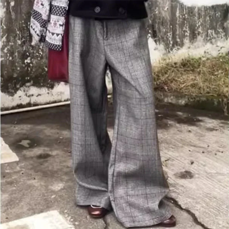 PBAP-pantalones de traje de Tweed a cuadros para mujer, pantalones plisados de cintura alta con bolsillos, pantalones de vestir de pierna ancha holgados, ropa Formal informal de oficina