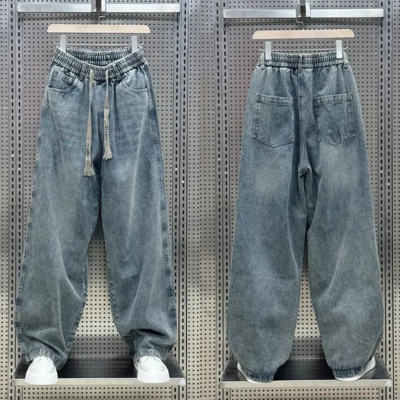 Japanese Style Men's Casual Straight Leg Jeans American Versatile High Street Loose Waist Pants Teenage Cotton Elastic Denim