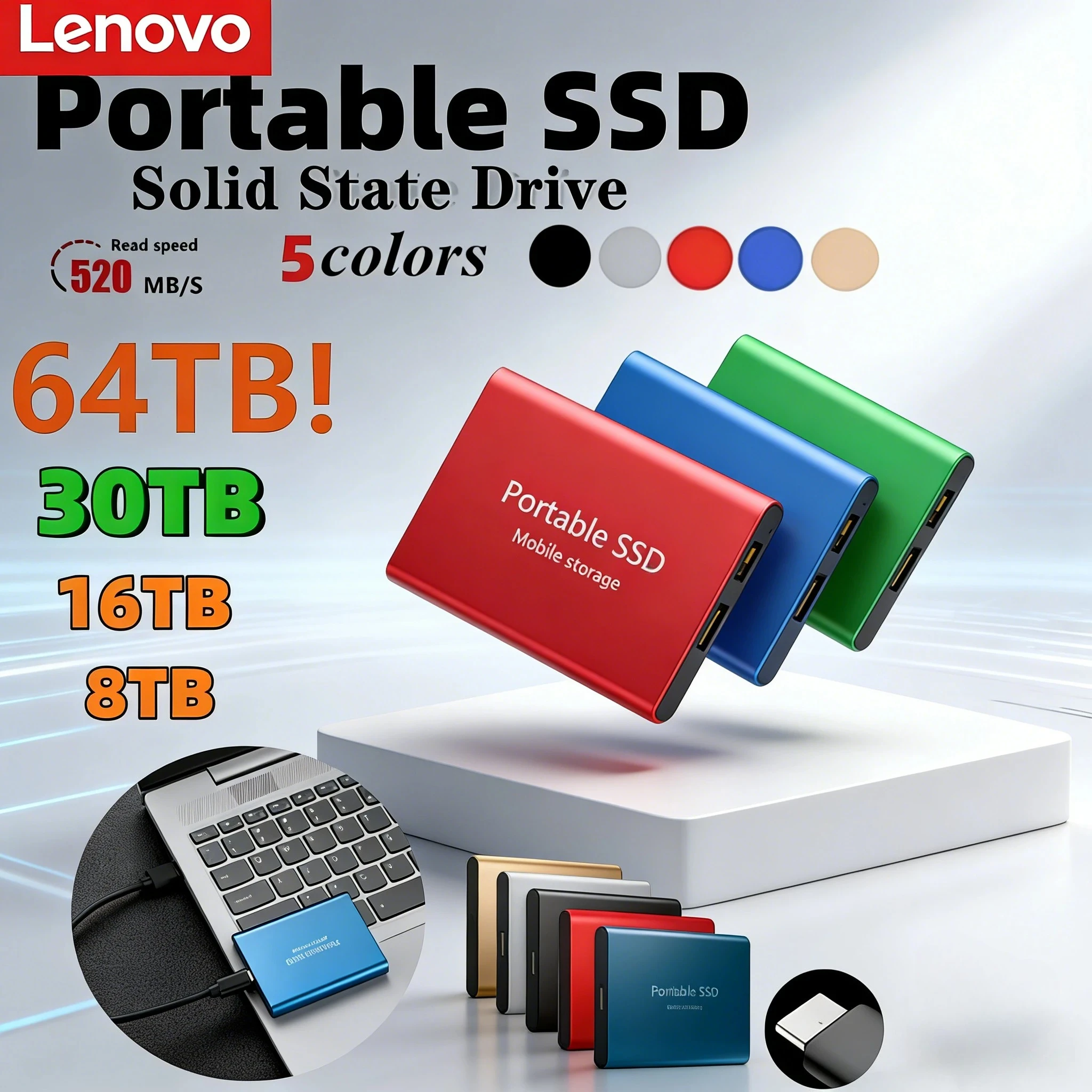 

Портативный SSD-накопитель Lenovo 8 ТБ, USB 3.0, высокоскоростной внешний жесткий диск, 4 ТБ, 2 ТБ, твердотельный накопитель для ноутбуков и ПК, для резервного хранения данных