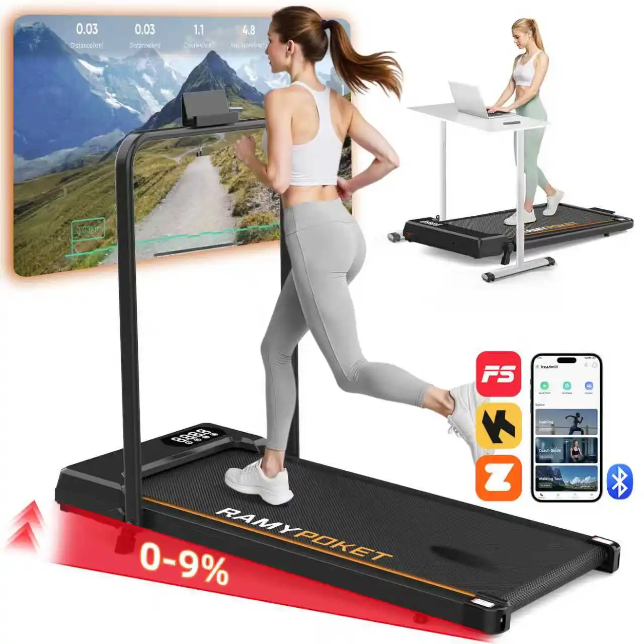 Tapis De Course pliable inclinable 9%,Tapis De Course Silencieux 2.5HP,Treadmill 10km/h,APP&LED, walking pad bureau max 150kg